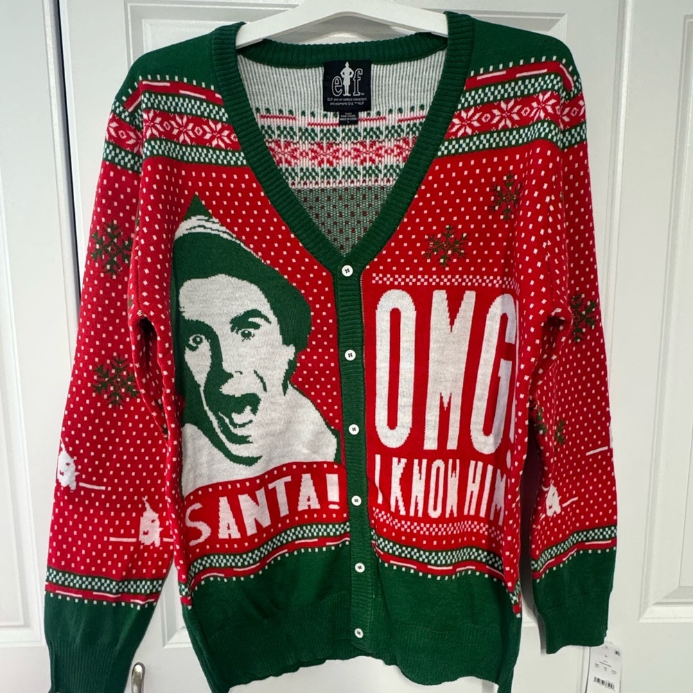 ELF Festive Red and Green Cardigan Sweater